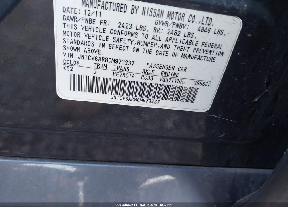 2012 INFINITI G37 SEDAN X VIN: JN1CV6AR8CM973237