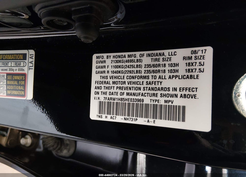 2017 HONDA CR-V EX-L/EX-L NAVI VIN: 7FARW1H85HE033969