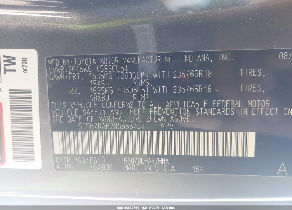 2022 TOYOTA HIGHLANDER XLE VIN: 5TDHZRAH2NS555702