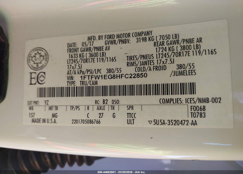 2017 FORD F-150 XLT VIN: 1FTFW1EG8HFC22850