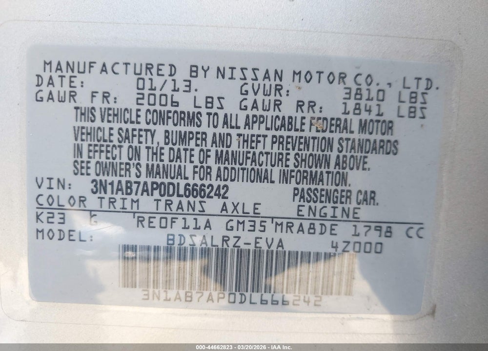 2013 NISSAN SENTRA SR VIN: 3N1AB7AP0DL666242