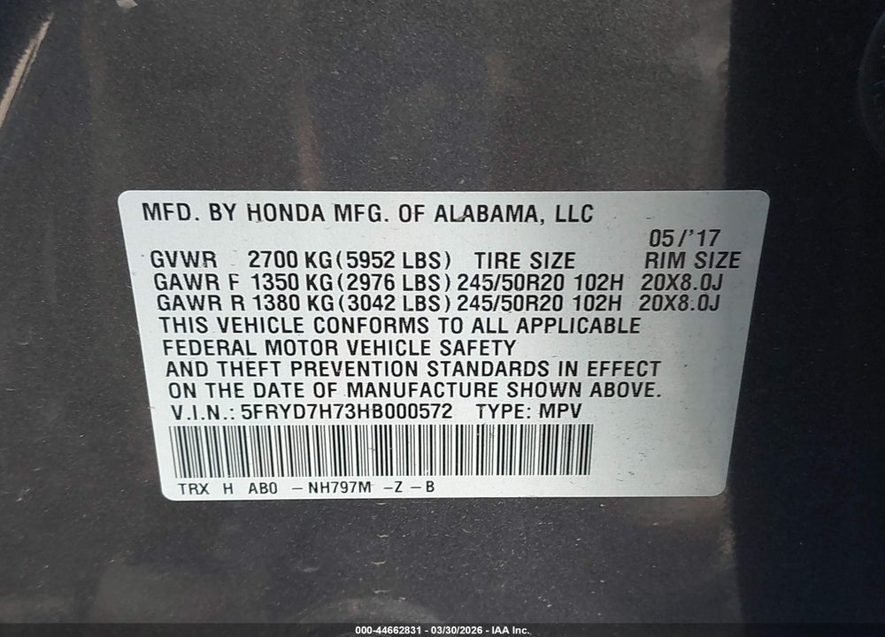 2017 ACURA MDX SPORT HYBRID ADVANCE PACKAGE VIN: 5FRYD7H73HB000572
