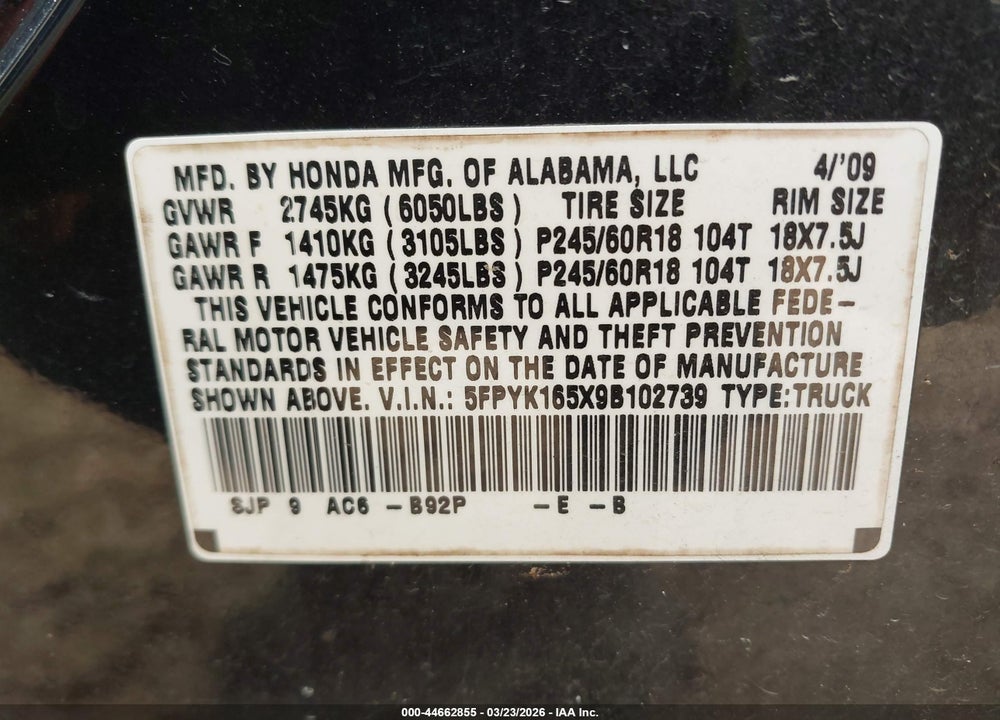 2009 HONDA RIDGELINE RTL VIN: 5FPYK165X9B102739