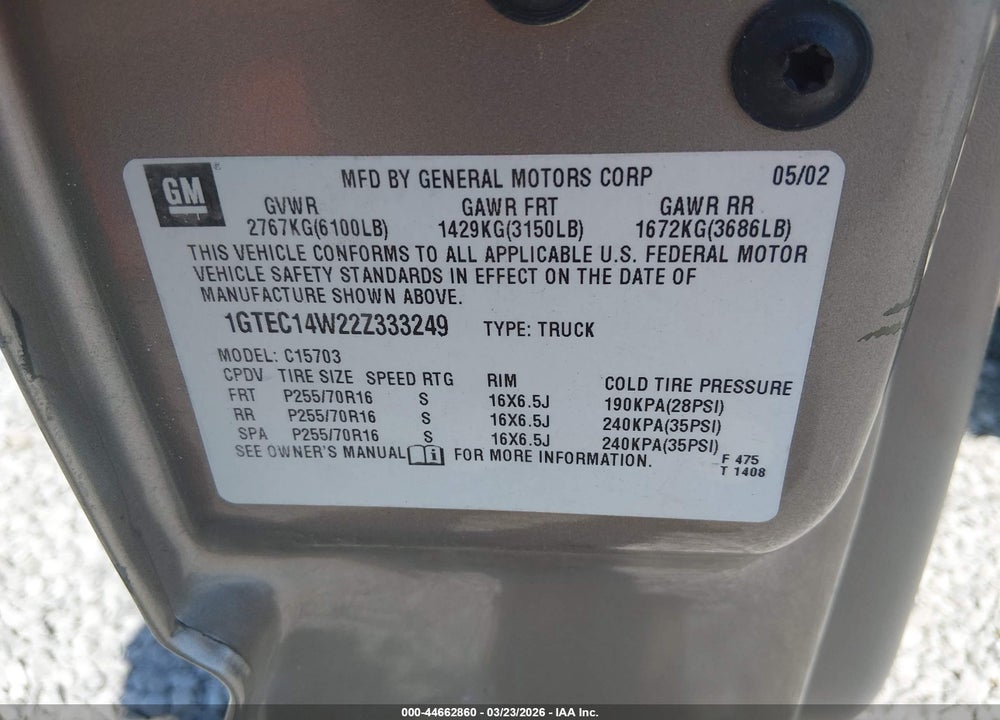 2002 GMC SIERRA 1500 SL VIN: 1GTEC14W22Z333249