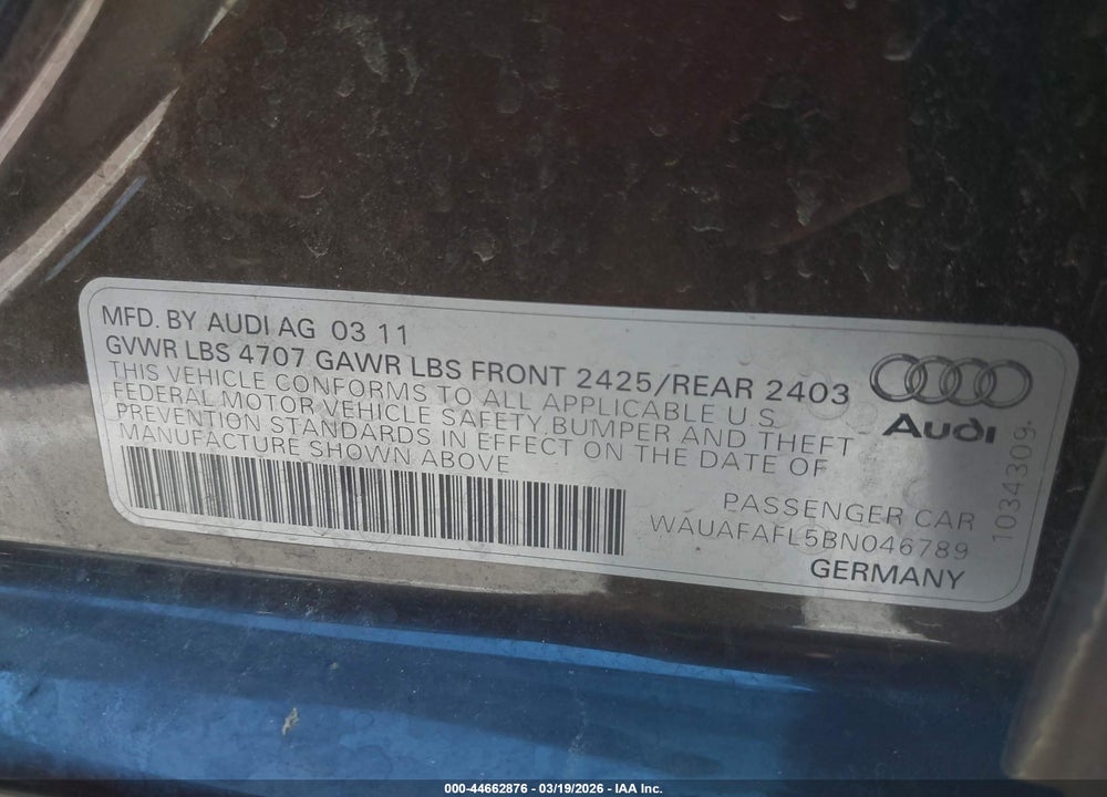 2011 AUDI A4 2.0T PREMIUM VIN: WAUAFAFL5BN046789