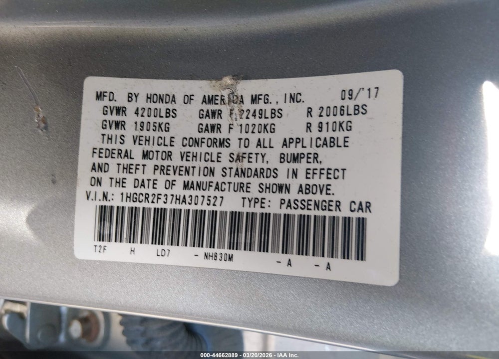 2017 HONDA ACCORD LX VIN: 1HGCR2F37HA307527