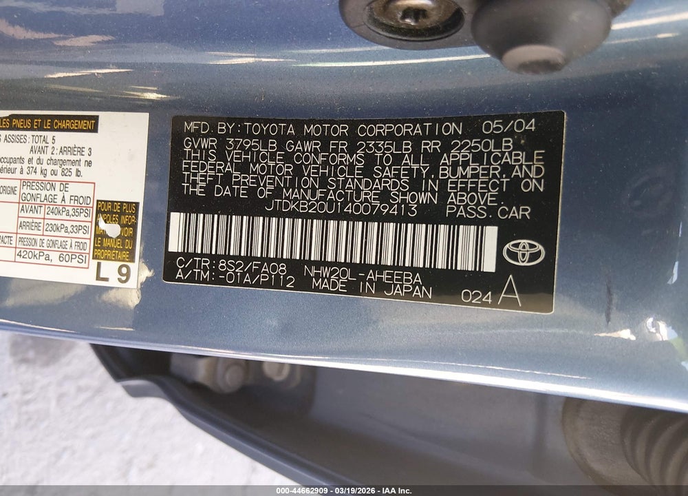 2004 TOYOTA PRIUS VIN: JTDKB20U140079413