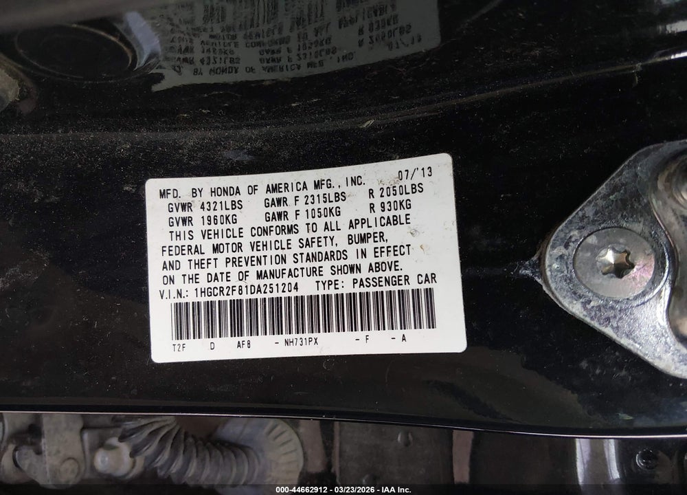 2013 HONDA ACCORD EX-L VIN: 1HGCR2F81DA251204
