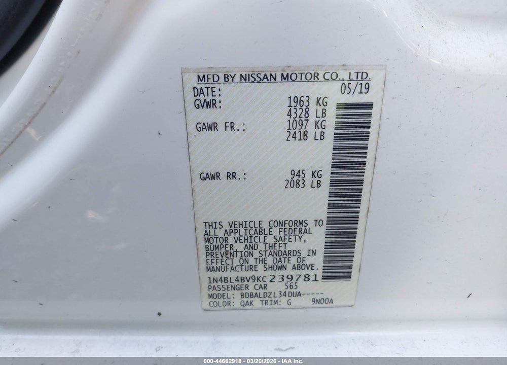 2019 NISSAN ALTIMA 2.5 S VIN: 1N4BL4BV9KC239781
