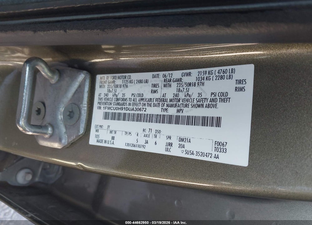 2013 FORD ESCAPE SEL VIN: 1FMCU0H91DUA30672