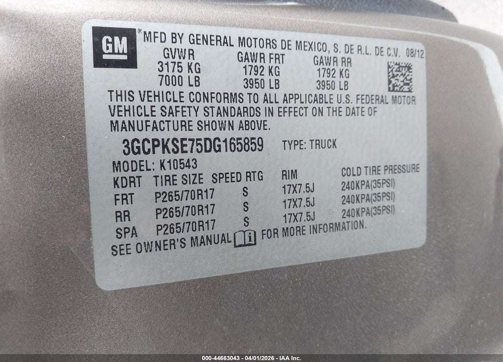 2013 CHEVROLET SILVERADO 1500 LT VIN: 3GCPKSE75DG165859