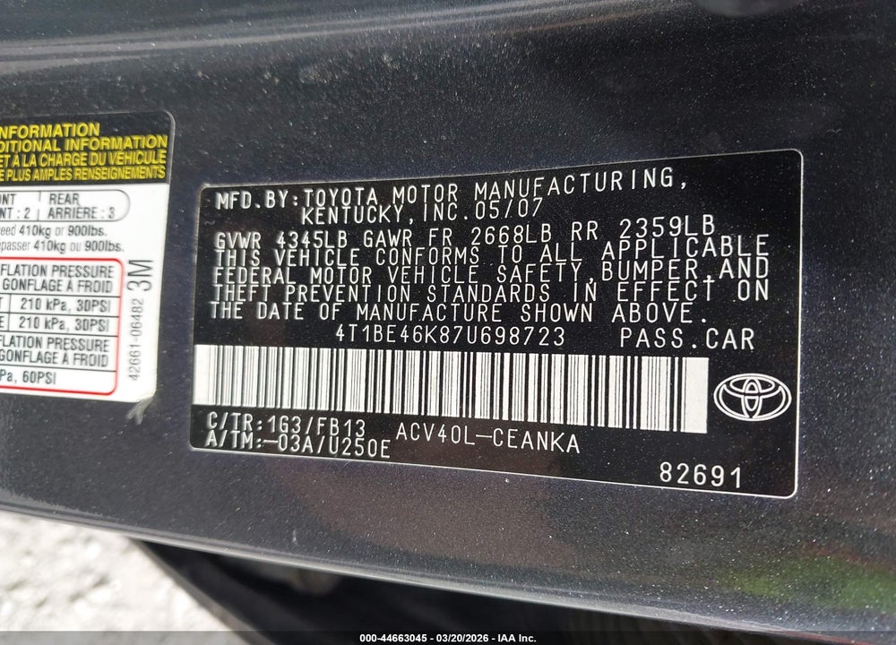 2007 TOYOTA CAMRY LE VIN: 4T1BE46K87U698723