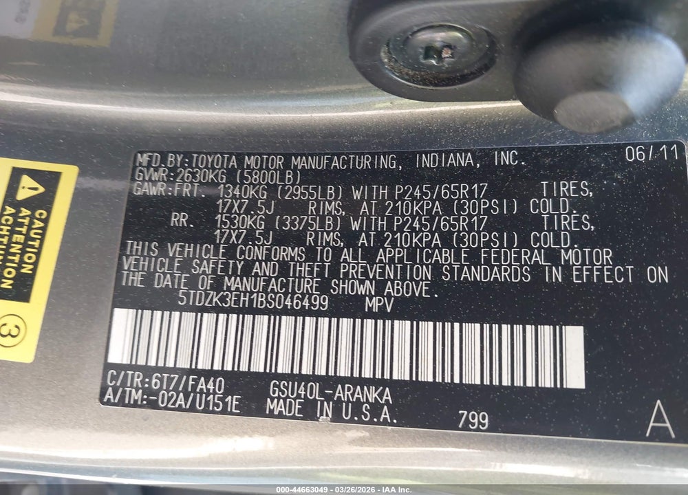 2011 TOYOTA HIGHLANDER BASE V6 VIN: 5TDZK3EH1BS046499