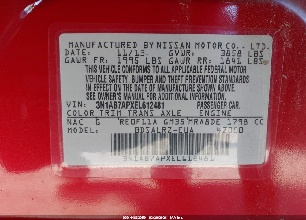 2014 NISSAN SENTRA SR VIN: 3N1AB7APXEL612481