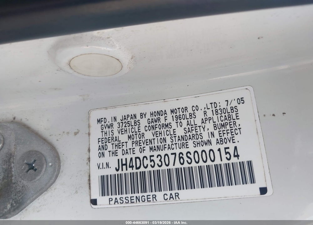 2006 ACURA RSX TYPE S VIN: JH4DC53076S000154