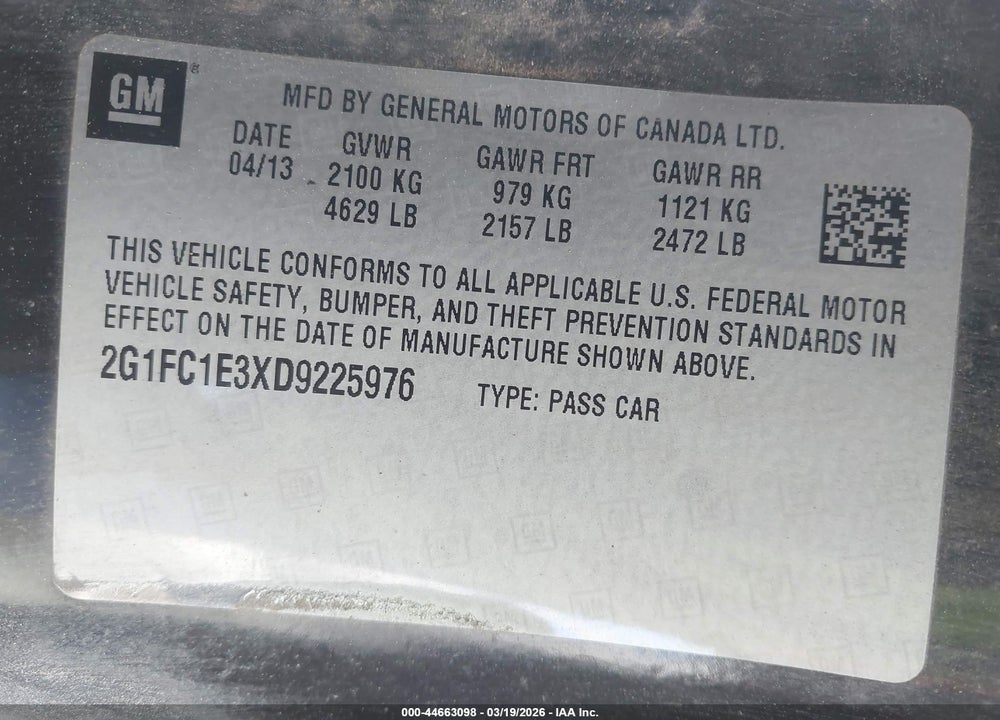 2013 CHEVROLET CAMARO 2LT VIN: 2G1FC1E3XD9225976