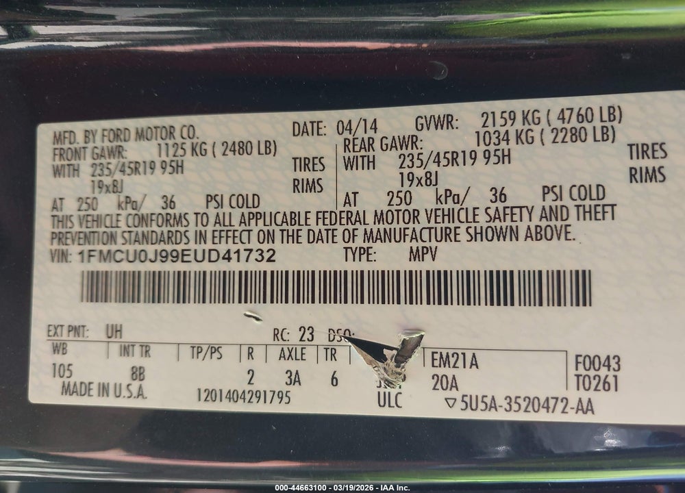 2014 FORD ESCAPE TITANIUM VIN: 1FMCU0J99EUD41732