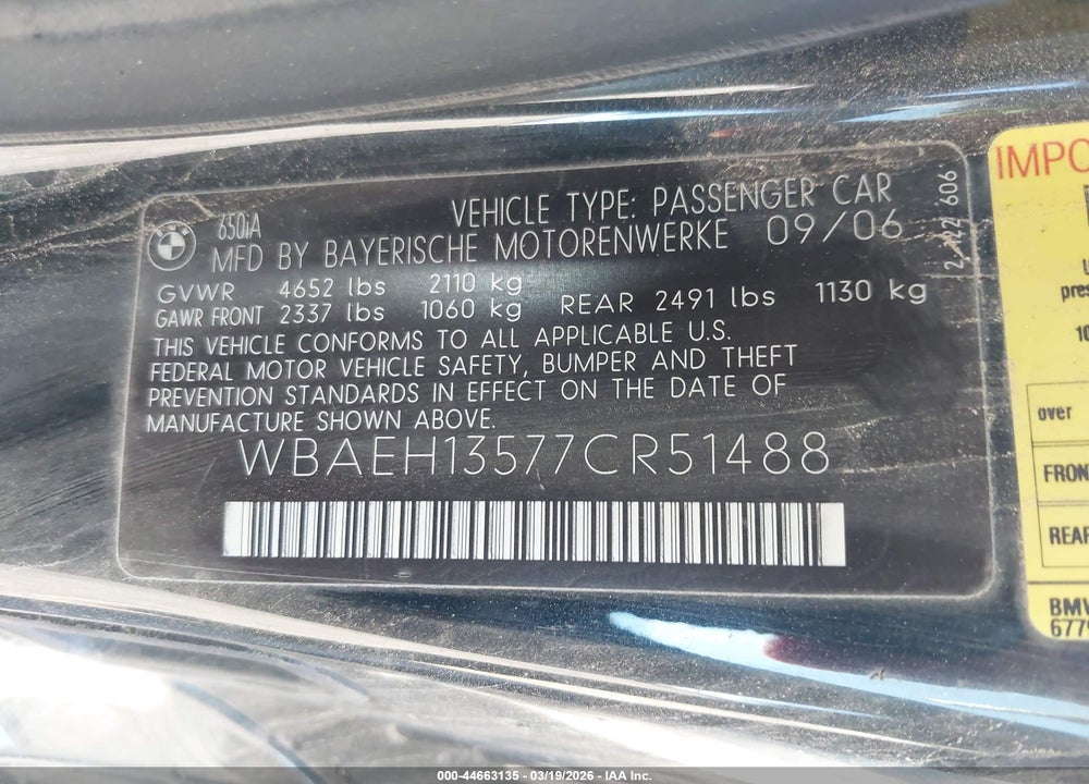 2007 BMW 650I VIN: WBAEH13577CR51488