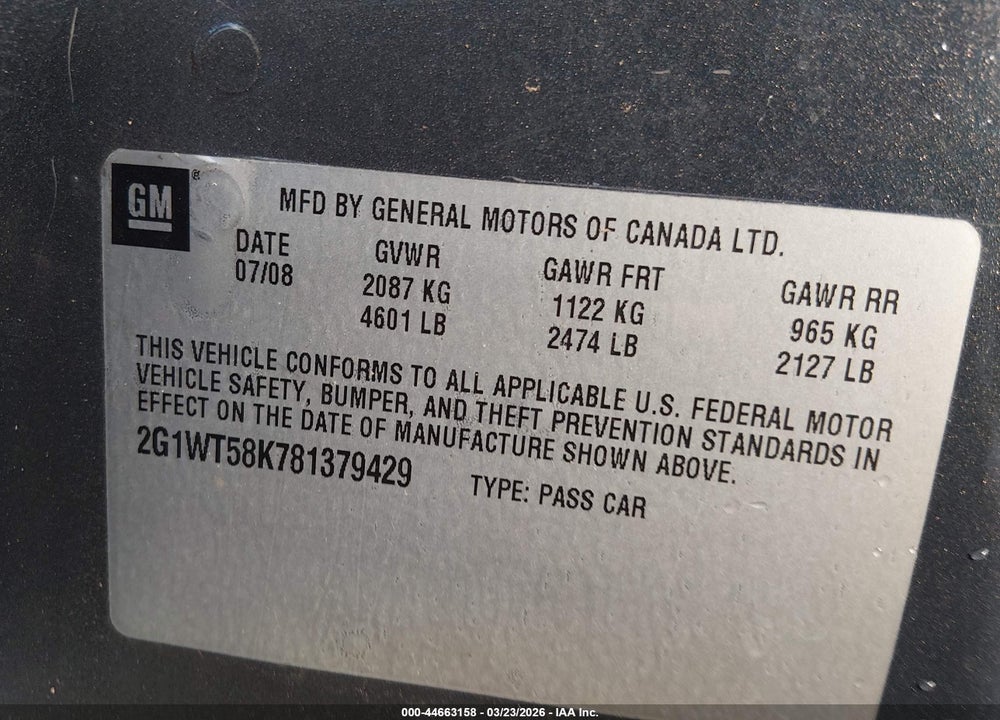 2008 CHEVROLET IMPALA LT VIN: 2G1WT58K781379429