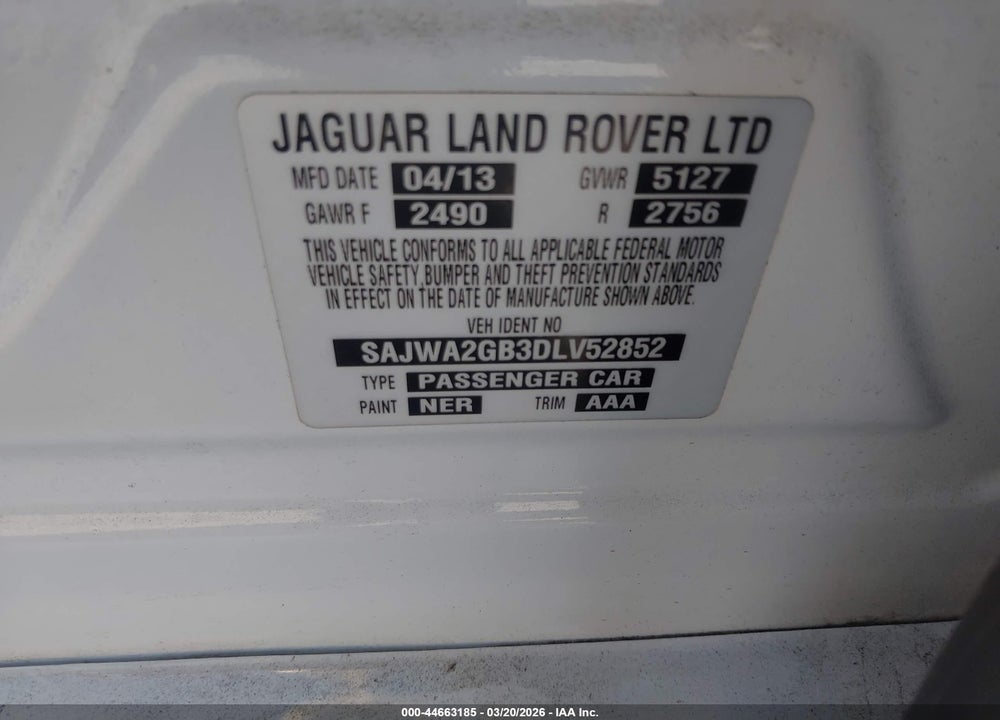 2013 JAGUAR XJ XJL PORTFOLIO VIN: SAJWA2GB3DLV52852