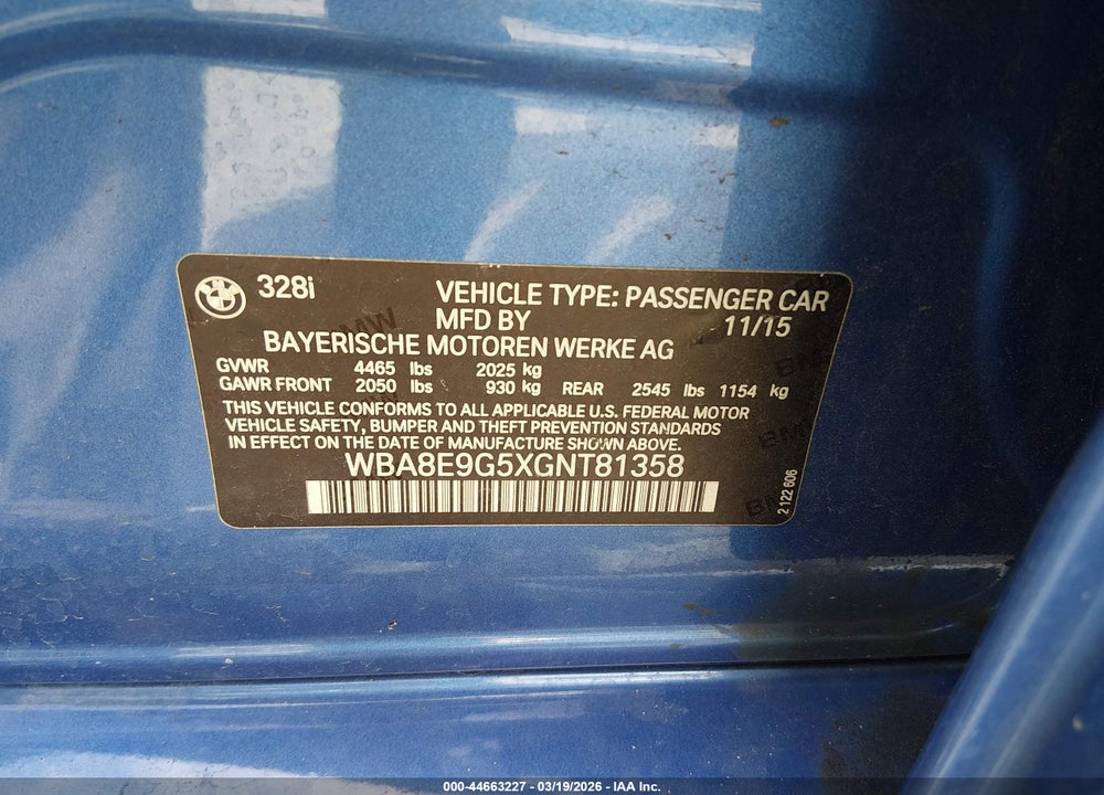 2016 BMW 328I VIN: WBA8E9G5XGNT81358
