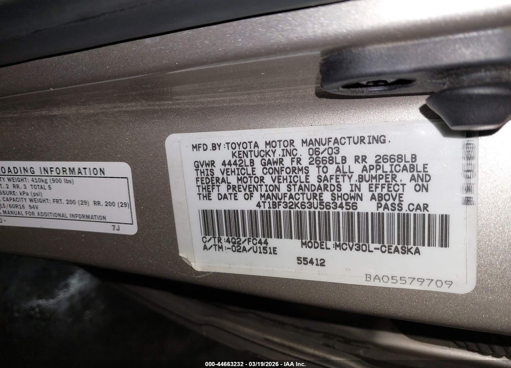 2003 TOYOTA CAMRY SE V6 VIN: 4T1BF32K63U563456
