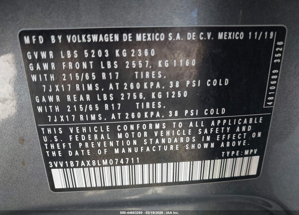 2020 VOLKSWAGEN TIGUAN 2.0T S VIN: 3VV1B7AX8LM074711