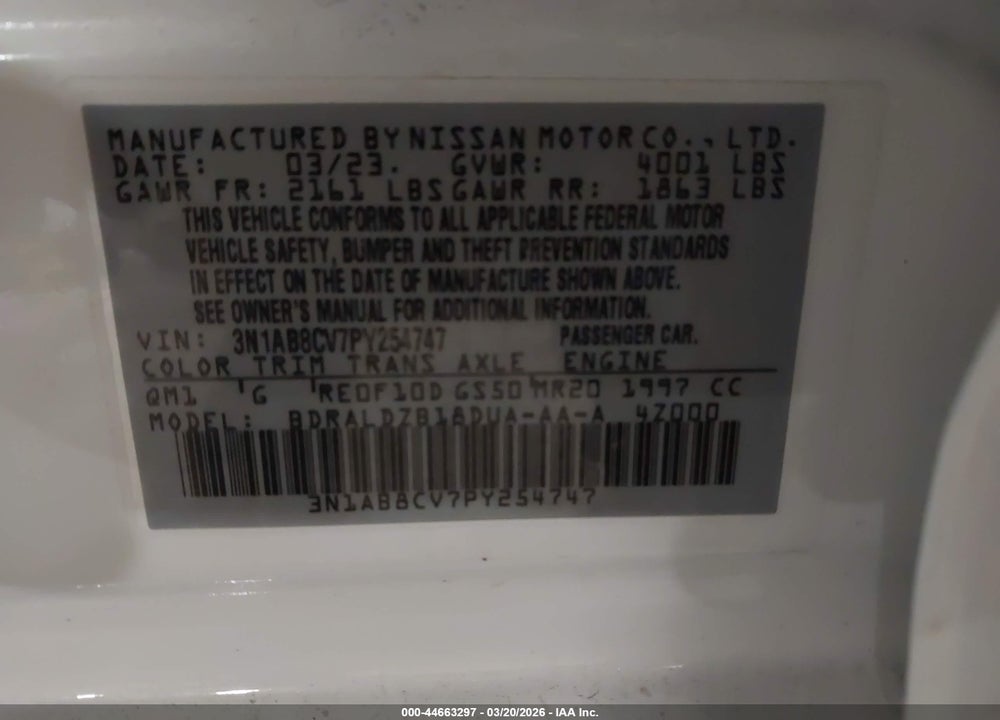 2023 NISSAN SENTRA SV XTRONIC CVT VIN: 3N1AB8CV7PY254747