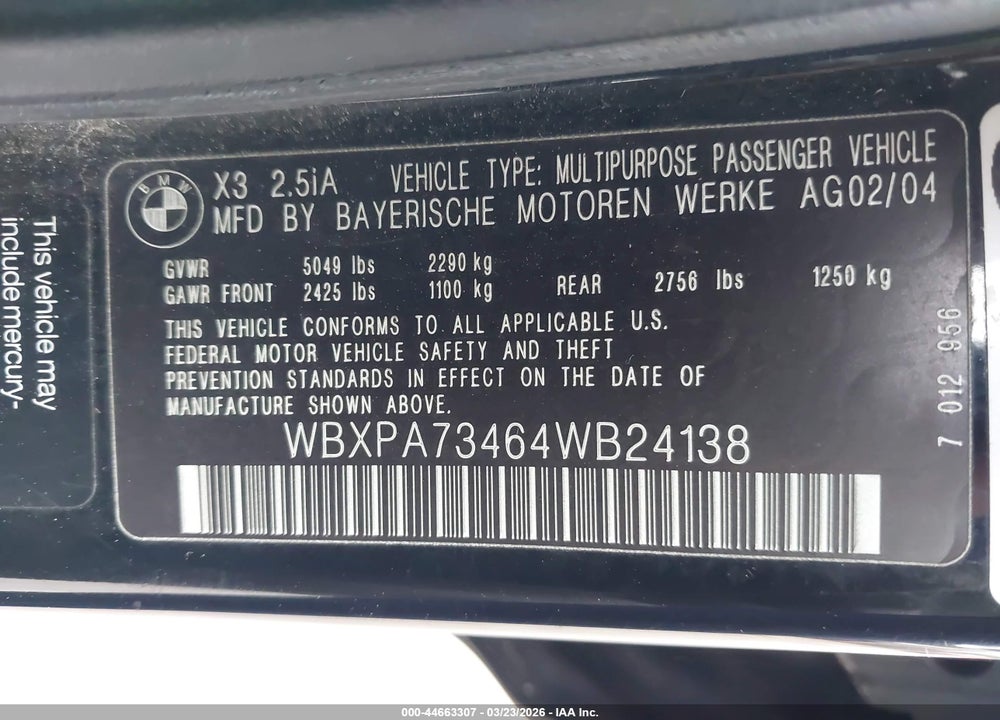 2004 BMW X3 2.5I VIN: WBXPA73464WB24138