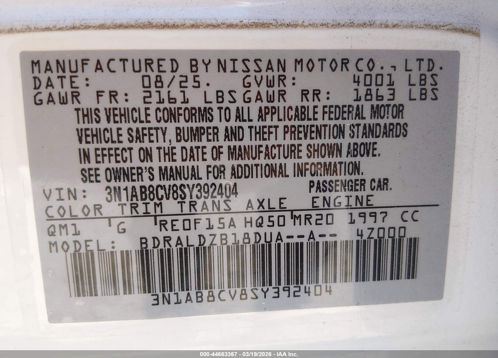 2025 NISSAN SENTRA SV VIN: 3N1AB8CV8SY392404