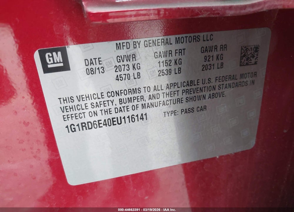 2014 CHEVROLET VOLT VIN: 1G1RD6E40EU116141
