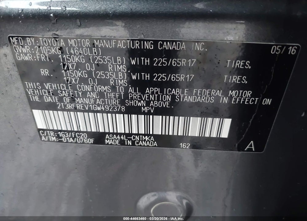 2016 TOYOTA RAV4 XLE VIN: 2T3RFREV1GW492378