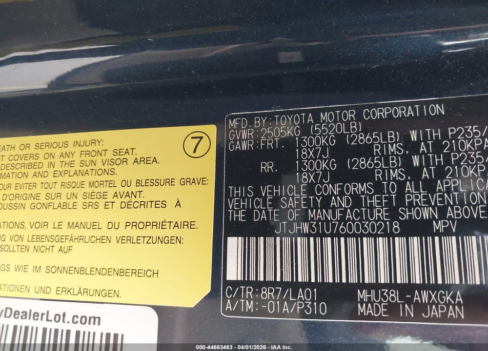 2006 LEXUS RX 400H VIN: JTJHW31U760030218