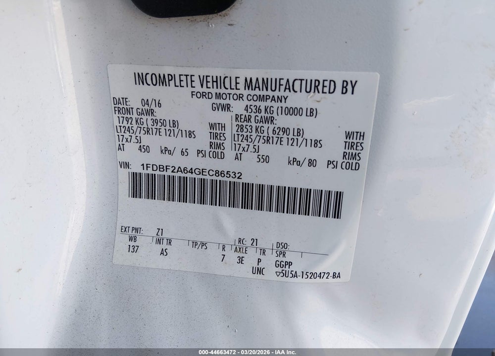 2016 FORD F-250 XL VIN: 1FDBF2A64GEC86532
