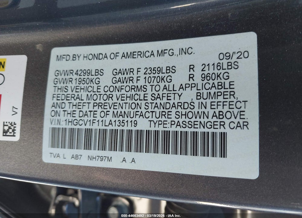 2020 HONDA ACCORD SEDAN LX VIN: 1HGCV1F11LA135119