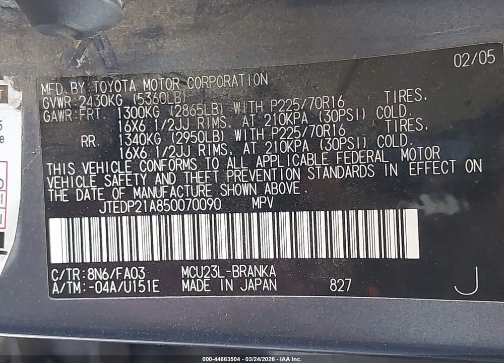 2005 TOYOTA HIGHLANDER V6 VIN: JTEDP21A850070090