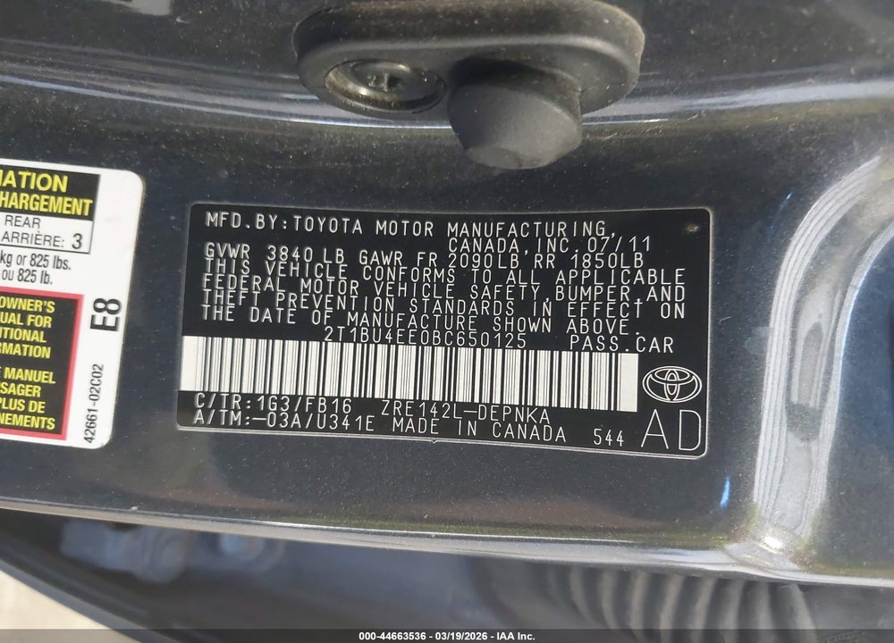 2011 TOYOTA COROLLA LE VIN: 2T1BU4EE0BC650125