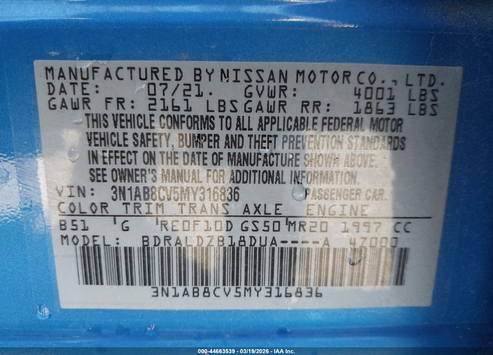 2021 NISSAN SENTRA SV XTRONIC CVT VIN: 3N1AB8CV5MY316836