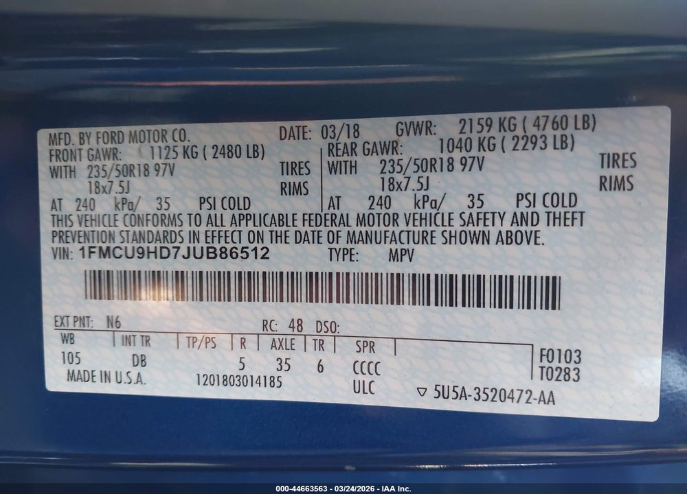 2018 FORD ESCAPE SEL VIN: 1FMCU9HD7JUB86512