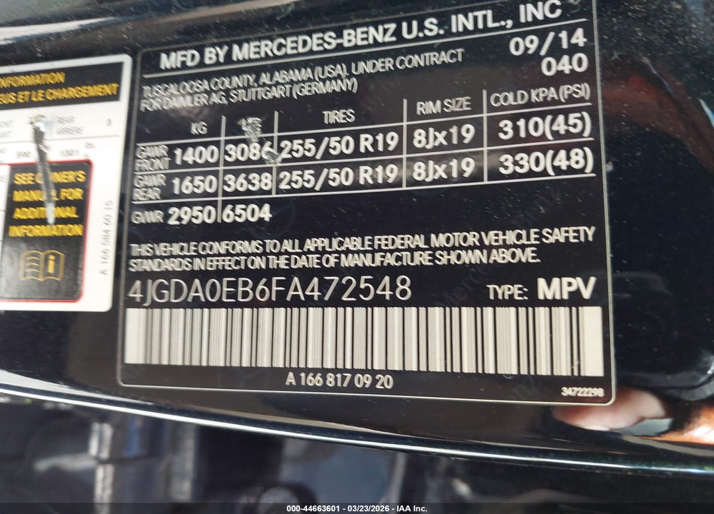 2015 MERCEDES-BENZ ML 250 BLUETEC 4MATIC VIN: 4JGDA0EB6FA472548