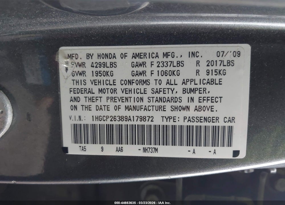 2009 HONDA ACCORD 2.4 LX VIN: 1HGCP26389A179872