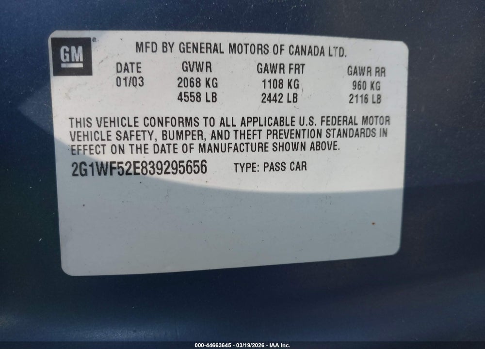 2003 CHEVROLET IMPALA VIN: 2G1WF52E839295656
