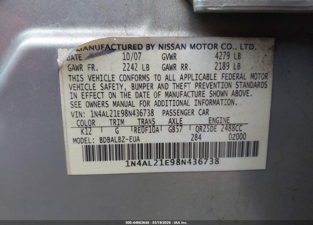 2008 NISSAN ALTIMA 2.5 S VIN: 1N4AL21E98N436738