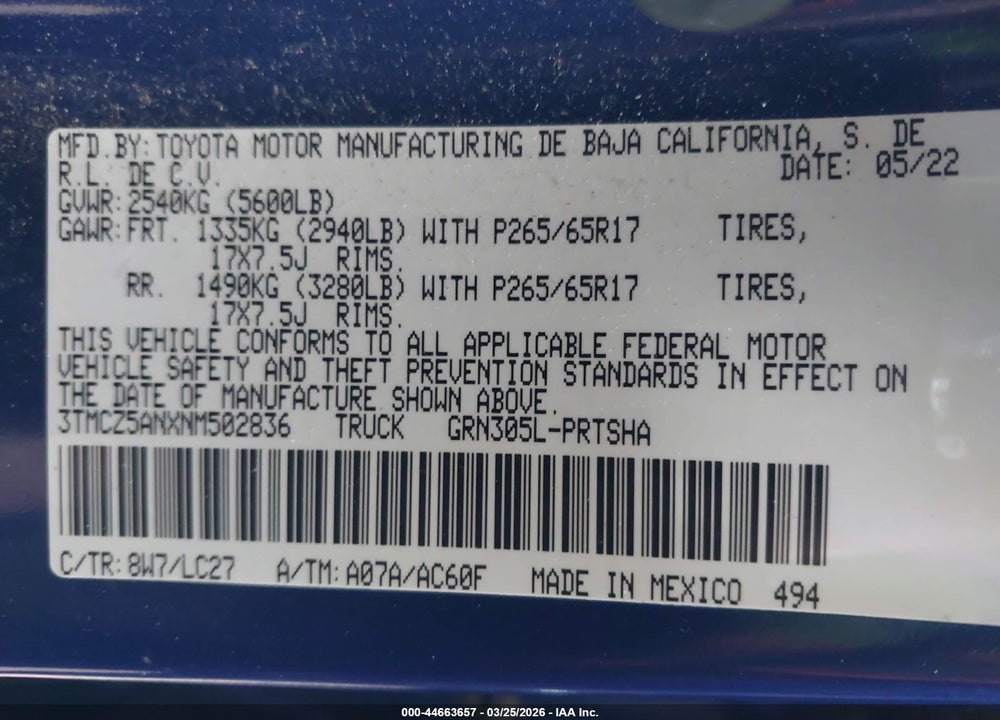 2022 TOYOTA TACOMA TRD SPORT VIN: 3TMCZ5ANXNM502836