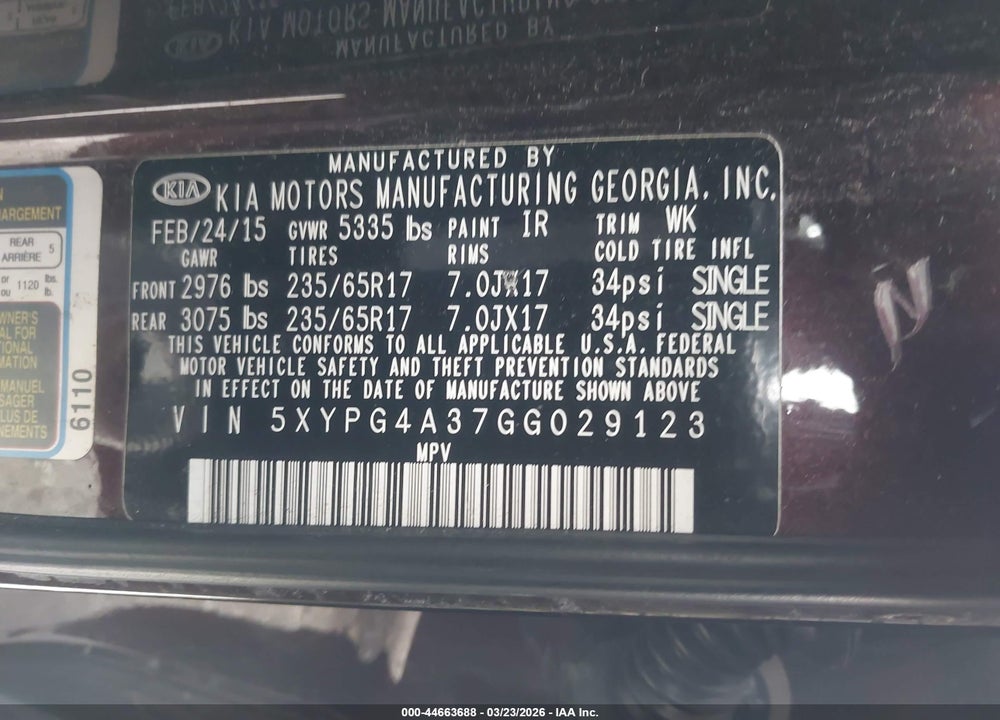 2016 KIA SORENTO 2.4L LX VIN: 5XYPG4A37GG029123