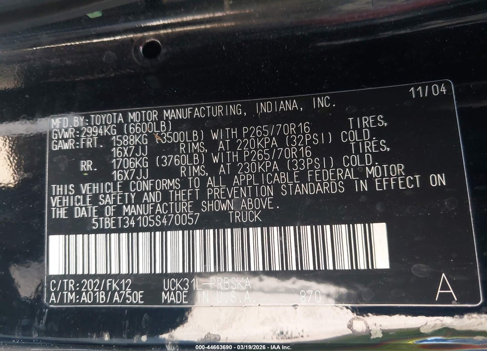 2005 TOYOTA TUNDRA SR5 V8 VIN: 5TBET34105S470057