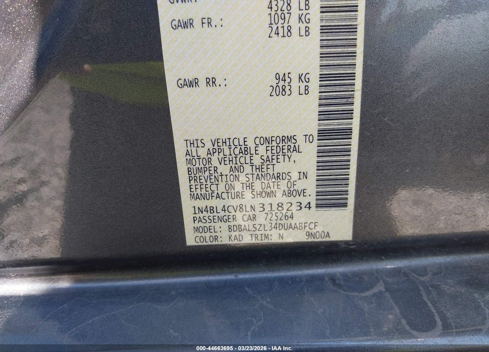 2020 NISSAN ALTIMA SR FWD VIN: 1N4BL4CV8LN318234