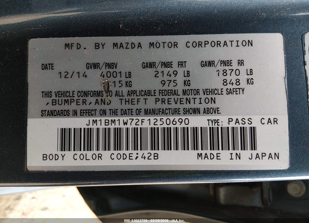 2015 MAZDA 3 I GRAND TOURING VIN: JM1BM1W72F1250690