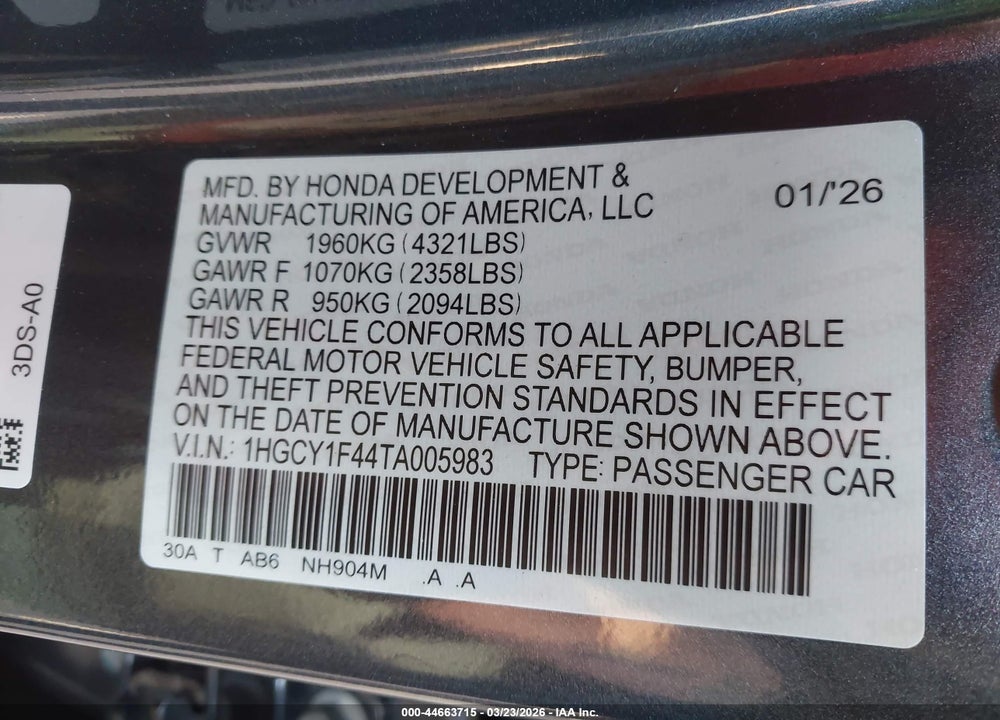 2026 HONDA ACCORD SE VIN: 1HGCY1F44TA005983
