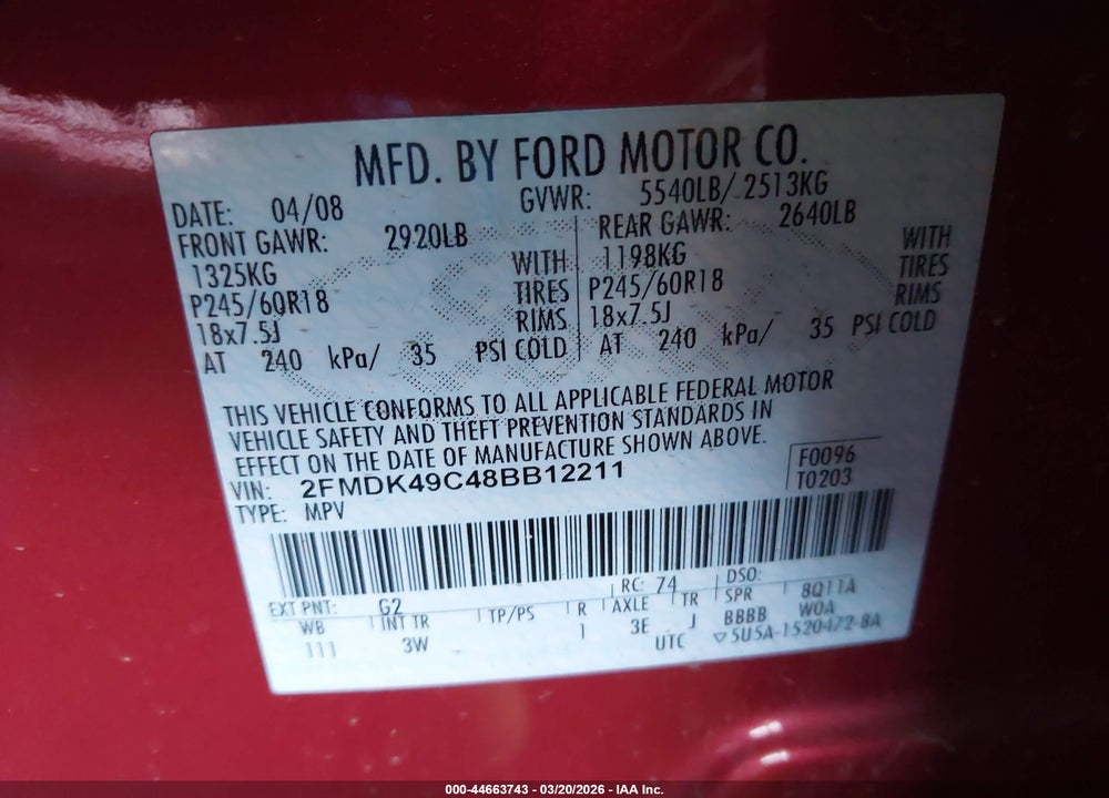 2008 FORD EDGE LIMITED VIN: 2FMDK49C48BB12211